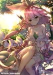  artist_name bangs bare_shoulders blush breasts brown_eyes cleavage closed_mouth collarbone commentary_request day dress eyebrows_visible_through_hair fingers_together granblue_fantasy hair_between_eyes hair_ornament hong_(white_spider) long_hair looking_at_viewer low_twintails medium_breasts outdoors pink_hair plant_girl pointy_ears signature sitting smile solo sunlight tree twintails very_long_hair white_dress yggdrasil_(granblue_fantasy) 