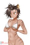  2018 animal_humanoid big_breasts bikini black_hair bottomless breasts brown_hair cat cat_humanoid clothed clothing dark_skin ear_piercing faunus feline female hair hands_behind_back humanoid jewelry kimmy77 mammal navel piercing rwby short_hair sienna_khan simple_background solo standing stripes swimsuit tiger white_background yellow_eyes 