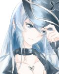  adjusting_clothes adjusting_hat akame_ga_kill! blue blue_eyes blue_hair breasts choker cleavage collarbone colored_eyelashes esdeath hand_on_headwear hat highres large_breasts long_hair looking_down military military_uniform pale_color peaked_cap solo tattoo uniform vicarrrrr 