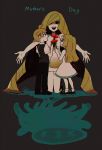  2girls black_background black_pants black_vest blonde_hair brother_and_sister dress flower gen_7_pokemon gladio_(pokemon) hair_over_one_eye highres kneeling lillie_(pokemon) long_hair lusamine_(pokemon) miu_(miuuu_721) mother's_day mother_and_daughter mother_and_son multiple_girls nihilego open_mouth outstretched_arms pants pokemon pokemon_(game) pokemon_sm short_dress short_hair short_sleeves siblings simple_background sleeveless sleeveless_dress spread_arms ultra_beast very_long_hair vest younger 