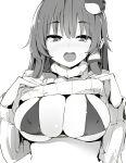  alternate_costume black_bra bra breasts clothes_lift covered_nipples frog_hair_ornament greyscale hair_ornament hair_tubes kamukamu_(ars) kochiya_sanae large_breasts long_hair looking_at_viewer monochrome open_mouth solo sweater sweater_lift touhou turtleneck turtleneck_sweater underwear upper_body 