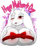  2018 5_fingers alpha_channel anthro big_breasts blush boss_monster bow breasts bust_portrait claws desertkaiju digital_media_(artwork) english_text fangs female flower fur hair half-closed_eyes hand_on_breast hi_res holidays horn huge_breasts long_ears looking_at_viewer mammal mature_female mother mother&#039;s_day one_eye_closed open_mouth parent plant portrait red_eyes simple_background smile solo teeth text tongue toriel transparent_background tuft undertale video_games white_fur 