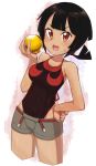  :d bad_id bad_pixiv_id bangs bare_hips bare_shoulders black_hair black_leotard blush breasts collarbone commentary_request cowboy_shot cropped_legs dark_skin drooling eyebrows eyelashes fingernails grey_shorts hand_on_hip higana_(pokemon) highres legs_apart leotard leotard_under_clothes looking_at_viewer low_ponytail medium_breasts nugget_(pokemon) nyonn24 open_mouth pokemon pokemon_(game) pokemon_oras red_eyes saliva saliva_trail short_hair short_ponytail shorts smile solo standing sweat tongue tongue_out v-shaped_eyebrows 