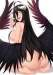  ahoge albedo aori_sora ass barefoot black_hair black_wings breasts demon_girl demon_horns feathered_wings from_behind full_body hair_between_eyes hair_censor highres horns jewelry long_hair looking_at_viewer looking_back low_wings nude open_mouth oral_invitation overlord_(maruyama) ring seiza sitting soles solo tongue tongue_out very_long_hair wedding_band wings yellow_eyes 