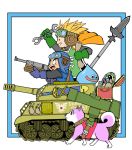  2boys animal blonde_hair blue_gloves commentary_request dog dragon_quest dragon_quest_ii gloves goggles ground_vehicle metal_max military military_vehicle millipen_(medium) momonoky motor_vehicle multiple_boys outside_border parody pilot_helmet polearm prince_of_lorasia prince_of_samantoria princess_of_moonbrook shiba_inu short_hair slime_(dragon_quest) spear spiked_hair style_parody sword tank traditional_media treasure_chest walking weapon 