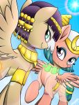  2018 bedroom_eyes black_hair blush clothed clothing crown cute cutie_mark duo egyptian equine eyelashes eyeshadow feathered_wings feathers female feral friendship_is_magic glowing green_eyes grin hair half-closed_eyes headdress hi_res hooves jewelry looking_at_viewer makeup mammal mascara my_little_pony necklace outside pegasus pink_feathers ponification portrait purple_eyes queen_cleopatrot_(idw) raised_leg royalty seductive short_hair signature sky smile somnambula_(mlp) spread_wings standing sun tan_feathers teal_hair teeth translucent transparent_clothing wings yorozpony 