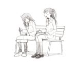  :d ^_^ bench blazer chopsticks closed_eyes commentary graphite_(medium) greyscale imae_megumi jacket kneehighs kuroki_tomoko laughing loafers long_skirt monochrome multiple_girls necktie obentou open_mouth pantyhose profile shiratama_(hockey) shoes sitting sketch skirt smile traditional_media watashi_ga_motenai_no_wa_dou_kangaetemo_omaera_ga_warui! 