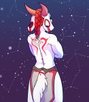 anthro blue_background braided_hair cancer_(zodiac) caprine clothed clothing constellation crossed_arms ear_markings eyebrows eyes_closed facial_markings fur furgonomics goat gradient_background hair horn loincloth male mammal markings portrait purple_background qualzar rear_view red_hair red_markings short_hair simple_background solo standing tail_markings taurus_(zodiac) three-quarter_portrait topless white_fur white_tail 