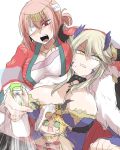  artoria_pendragon_(all) artoria_pendragon_(lancer_alter) bandage_over_one_eye blonde_hair bottle breasts chinese_clothes commentary_request divine_princess_of_the_storm fate/grand_order fate_(series) florence_nightingale_(fate/grand_order) green_eyes hair_between_eyes hanfu horns large_breasts mita_(matsuri68) mordred_(fate) mordred_(fate)_(all) multiple_girls open_mouth ox-demon_king pink_hair red_eyes shaded_face spray_bottle sweat true_samadhi_fire upper_body white_background yellow_eyes younger 