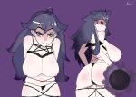  absurdres ass back backless_outfit bangs bare_shoulders breasts butt_crack closed_mouth commentary crunchpepper eyebrows_visible_through_hair from_behind from_side hair_between_eyes hex_maniac_(pokemon) highres large_breasts lingerie long_hair looking_at_viewer looking_back nipples pale_skin panties parted_lips plump pokemon sideboob simple_background smile smug thighs thong underwear upper_body 