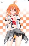  ahoge blush breasts checkered checkered_background clothes_around_waist helvetica_5tandard highres large_breasts looking_at_viewer marvelousaql_(choujigen_game_neptune) navel neptune_(series) nipples one_eye_closed open_clothes open_mouth open_shirt orange_eyes orange_hair orange_panties panties patreon_username pleated_skirt short_hair signature skirt smile solo sweater_around_waist symbol-shaped_pupils underwear 