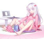  10s 1girl blue_eyes bow eromanga_sensei exploration fiodo futanari hair_bow highres izumi_sagiri long_hair mirror pajamas panties panties_around_leg precum silver_hair solo spread_legs tablet uncensored underwear white_panties 