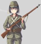  arisaka black_hair blue_eyes bolt_action cigarette gun hat highres holding holding_gun holding_weapon imperial_japanese_army military military_hat military_uniform original rifle sanpaku short_hair simple_background smoking soldier solo tamusuguru uniform weapon world_war_ii 