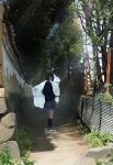  alley black_hair black_jacket black_legwear blazer blue_eyes bob_cut corrugated_galvanised_iron_sheet from_side grey_skirt hands_in_pockets jacket kneehighs lens_flare looking_at_viewer looking_back original outdoors path pleated_skirt real_world_location road sakeharasu school_uniform shade shoes short_hair skirt sneakers solo standing sunlight tree wall wide_shot 