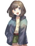  alternate_costume belt black_hair green_shorts hand_in_pocket highres hood hood_down hooded_jacket jacket long_sleeves mizuki_(pokemon) open_mouth pokemon pokemon_(game) pokemon_sm short_hair shorts simple_background solo unapoppo white_background 