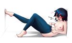  areolae barefoot blue_hair blush breasts denim dressing english failure full_body highres jeans kill_la_kill lying matoi_ryuuko medium_breasts multicolored_hair nipples on_back pants partially_undressed pudgeruffian red_hair short_hair solo toe-point undersized_clothes white_background 