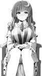  bangs blunt_bangs blush breasts chair closed_mouth crescent crescent_hair_ornament dress eyebrows_visible_through_hair greyscale hair_ornament kamukamu_(ars) large_breasts legs long_hair long_sleeves looking_at_viewer monochrome no_hat no_headwear panties pantyshot pantyshot_(sitting) patchouli_knowledge sitting solo striped touhou underwear vertical-striped_dress vertical_stripes 
