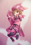  absurdres animal_ears animal_hat bangs blurry blush brown_eyes brown_hair bullpup bunny_ears bunny_hat eyebrows_visible_through_hair full_body gloves gun hat highres holding holding_gun holding_weapon jacket jumping llenn_(sao) long_sleeves looking_at_viewer nraib open_mouth p-chan_(p-90) p90 pants pink_bandana pink_gloves pink_hat pink_jacket pink_pants round_teeth short_hair solo submachine_gun sword_art_online sword_art_online_alternative:_gun_gale_online teeth v-shaped_eyebrows weapon 