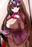  breasts brown_hair bursting_breasts cellphone fate/grand_order fate_(series) hairband han_(jackpot) large_breasts long_hair long_sleeves looking_at_viewer mirror mole mole_under_eye osakabe-hime_(fate/grand_order) panties phone purple_eyes purple_panties reflection short_sleeves skirt skirt_lift smartphone solo string_panties underwear very_long_hair 