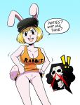  anthro bottomless brook_(one_piece) captanaugi_(artist) carrot_(one_piece) clothed clothing clueless dress female hat lagomorph mammal one_piece pussy rabbit speech_bubble text 