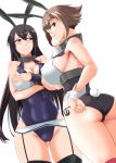  adapted_costume animal_ears ass ass_visible_through_thighs bangs bare_shoulders black_hair blush breasts brown_hair bunny_ears bunny_girl bunnysuit choker cleavage collarbone commentary_request covered_navel embarrassed flipped_hair garter_straps green_eyes highres kantai_collection kiriki_haruomi large_breasts long_hair looking_at_viewer looking_down multiple_girls mutsu_(kantai_collection) nagato_(kantai_collection) red_eyes short_hair sideboob simple_background thighhighs white_background wrist_cuffs 
