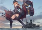  aqua_eyes black_skirt blonde_hair boat cloud cloudy_sky commentary_request giantess gloves gun hair_ornament hat iron_cross kantai_collection kneehighs low_twintails machinery microskirt military military_hat military_uniform ocean peaked_cap pleated_skirt prinz_eugen_(kantai_collection) rudder_shoes seo_tatsuya skirt sky steamboat tugboat turret twintails uniform watercraft weapon 