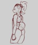  anthro black_and_grey butt clothed clothing eyebrows eyes_closed female fist flat_chested fur grey_background hair kae_esrial line_art mammal midriff partially_clothed ponytail portrait qualzar short_hair side_view simple_background sketch solo standing tarunah three-quarter_portrait underwear 