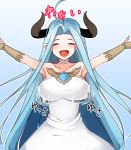  ahoge armpits bare_shoulders blue_background blue_hair blush bouncing_breasts breasts bridal_gauntlets choker closed_eyes collarbone commentary_request cowboy_shot draph dress gem gradient gradient_background granblue_fantasy horns jewelry large_breasts long_hair lyria_(granblue_fantasy) motion_lines open_mouth outstretched_arms pointy_ears short_dress simple_background sleeveless sleeveless_dress smile solo strapless strapless_dress tenken_(gotannda) white_dress 