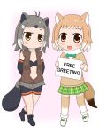 :/ american_beaver_(kemono_friends) animal_ears antenna_hair arms_behind_back bare_legs beaver_ears beaver_tail bike_shorts black-tailed_prairie_dog_(kemono_friends) black_bra black_footwear black_hair blush bow bowtie bra brown_eyes center_opening chibi closed_mouth commentary_request cutoffs elbow_gloves english full_body fur_collar gloves green_bow green_neckwear green_skirt grey_hair holding holding_sign kemono_friends kirigamine light_brown_hair long_sleeves looking_at_viewer multicolored_hair multiple_girls navel open_mouth plaid plaid_skirt pleated_skirt prairie_dog_ears prairie_dog_tail shoe_bow shoes short_hair short_shorts shorts shorts_under_shorts sign skirt smile standing stomach sweater tail thighhighs underwear vest white_footwear white_hair zettai_ryouiki 