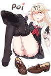 1girl anus ass black_legwear blonde_hair feet hairclip highres kantai_collection loafers long_hair looking_at_viewer no_panties one_leg_raised parted_lips pink_eyes pov pov_feet pussy scarf sheer_legwear shoes_removed soles toes yuudachi_(kantai_collection) 