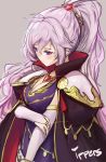  artist_name blush breasts bridal_gauntlets cape cleavage dress earrings elbow_gloves embarrassed fire_emblem fire_emblem:_seisen_no_keifu fire_emblem_heroes gloves highres ippers ishtar_(fire_emblem) jewelry large_breasts long_hair ponytail purple_eyes side_ponytail signature silver_hair solo 