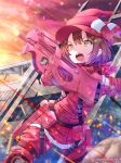  animal_ears bad_id bad_pixiv_id battle brown_hair bullet bullet_line bullpup bunny_ears commentary firing gloves gun hat highres llenn_(sao) military military_uniform open_mouth orange_eyes p-chan_(p-90) p90 pants pink pink_gloves pink_pants pink_scarf pouch scarf short_hair solo submachine_gun sword_art_online sword_art_online_alternative:_gun_gale_online sysen uniform watermark weapon web_address 