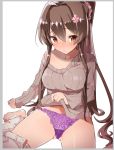  barefoot blush breasts brown_hair brown_sweater caburi cherry_blossoms highres kantai_collection long_hair looking_at_viewer medium_breasts off_shoulder panties pants pants_around_one_leg ponytail purple_panties ribbed_sweater simple_background sitting solo sweater underwear undressing wariza white_background white_pants yamato_(kantai_collection) 