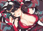  azur_lane bangs bare_shoulders black_hair black_kimono blue_eyes blush breasts butterfly_hair_ornament cat_ears cleavage collarbone commentary_request detached_sleeves eyebrows_visible_through_hair fusou_(azur_lane) hair_between_eyes hair_ornament half-closed_eyes head_tilt japanese_clothes kimono large_breasts long_hair looking_at_viewer lying multicolored_hair no_bra on_back open_mouth red_hair sidelocks smile streaked_hair takashiru upper_body wide_sleeves 