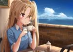 ame. azur_lane bangs blue_shirt blue_sky blush brick_wall chair cleveland_(azur_lane) cloud collared_shirt commentary cup day eyebrows_visible_through_hair hair_between_eyes holding holding_cup horizon indoors light_brown_hair long_hair looking_away ocean one_side_up parted_lips polo_shirt red_eyes shirt short_sleeves sitting sky solo table very_long_hair water 