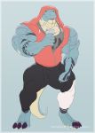  anthro atlas_(fusion_h0ss) big_bulge big_muscles blue_eyes blue_skin bulge claws clothing dinosaur flexing holding_object holding_phone hoodie male muscular muscular_male open_mouth pecs phone ripped-saurian selfie shirt simple_background solo standing sweatpants tank_top tattoo theropod thick_tail torn_clothing tyrannosaurus_rex vein white_skin 