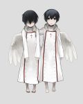  akio_(89e) angel_wings barefoot black_eyes black_hair closed_eyes copyright_request feathered_wings full_body grey_background looking_at_viewer multiple_boys robe short_hair siblings single_wing twins white_wings wings 