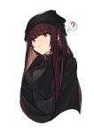  ? absurdres bangs beanie blush breasts closed_mouth commentary cropped_torso eyebrows_visible_through_hair girls_frontline hat highres inxst large_breasts long_hair looking_away purple_hair red_eyes ribbed_sweater scarf sidelocks simple_background solo sweater tsurime very_long_hair wa2000_(girls_frontline) white_background 
