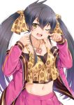  ;d animal_print bare_shoulders black_hair bow cheek_poking collarbone commentary_request crop_top fingernails hair_bow head_tilt heart heart_necklace idolmaster idolmaster_cinderella_girls jacket leopard_print long_hair long_sleeves matoba_risa miri_(ago550421) nail_polish navel off_shoulder one_eye_closed open_clothes open_jacket open_mouth pink_jacket pink_nails pink_skirt pleated_skirt poking print_bow sidelocks signature simple_background skirt smile solo swimsuit twintails very_long_hair white_background yellow_eyes 