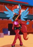  anthro anthrofied blue_feathers clothing collar equine fan_character feathered_wings feathers female footwear gloves hi_res japanese_clothing kimono legwear looking_at_viewer mammal my_little_pony pegasus poprocks rubber sandals solo sureibu tongue wings 