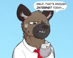  aggressive_retsuko anthro cellphone clothing comic dialogue dress_shirt english_text green_eyes haida hyena jazthursharkdog jrdabest03 male mammal necktie phone reaction_image red_tie sanrio shirt solo sweat sweatdrop text white_shirt 