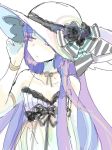 alternate_costume alternate_hairstyle alternate_headwear bow bracelet commentary_request dress fate/hollow_ataraxia fate_(series) hair_down hat hat_bow hat_ribbon jewelry kokenoko1209 long_hair purple_eyes purple_hair ribbon sleeveless sleeveless_dress solo spaghetti_strap stheno striped striped_bow upper_body white_background white_hat 