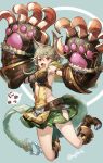  animal_ears backless_outfit blush breasts cat_ears claw_(weapon) claws commentary_request erune fangs full_body granblue_fantasy grey_hair hair_between_eyes haji_(afnm2228) jumping long_hair looking_at_viewer medium_breasts open_mouth orange_eyes sen_(granblue_fantasy) skirt solo weapon 