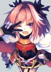  ;d androgynous astolfo_(fate) black_bow bow braid dress eyebrows_visible_through_hair fang fate/apocrypha fate_(series) garter_straps grey_background hair_between_eyes hair_bow hand_on_hip highres long_hair male_focus one_eye_closed open_mouth otogi_kyouka otoko_no_ko pink_hair ponytail purple_eyes short_dress simple_background single_braid smile solo v_over_eye very_long_hair w 