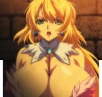  1girl blonde_hair breasts brooch green_eyes huge_breasts jewelry milf nina_dragundaala princess_knight_catue screencap stitched third-party_edit turtleneck 