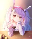  animal_ears azur_lane bangs blurry_foreground blush breasts bunny_ears chocolate cleavage collarbone commentary_request elbow_rest eyebrows_visible_through_hair feeding hair_between_eyes hair_ornament hairband head_on_hand head_tilt heart-shaped_food highres jacket laffey_(azur_lane) light_particles long_hair long_sleeves looking_at_viewer mobu_(wddtfy61) pov_feeding red_eyes red_hairband sidelocks silver_hair small_breasts smile solo twintails very_long_hair 