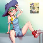  absurdres adjusting_clothes adjusting_hat amanda_o'neill arm_support blush green_eyes groin_tendon hat highres little_witch_academia looking_at_viewer overalls pink_hair pudgeruffian reference_photo_inset shoes smile sneakers solo sports_bra spread_legs strap_slip thighs witch_hat 
