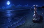  1girl beach clouds fate/grand_order fate/hollow_ataraxia fate_(series) game_cg long_hair moon night official_art purple_hair sand stheno twintails water white_dress 
