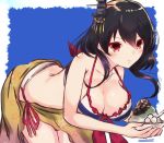  alternate_costume bare_shoulders bikini black_hair blush breasts cleavage collarbone food hair_ornament highres holding holding_food kantai_collection large_breasts looking_at_viewer momiji_(103) red_eyes sarong shaved_ice short_hair simple_background solo swimsuit yamashiro_(kantai_collection) 