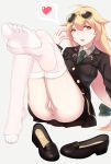  1girl ahoge blonde_hair eyewear_on_head feet girls_frontline green_eyes highres long_hair looking_at_viewer m1918_bar_(girls_frontline) no_panties one_leg_raised parted_lips pov pov_feet pussy sheer_legwear shoes_removed soles sunglasses toes white_legwear 